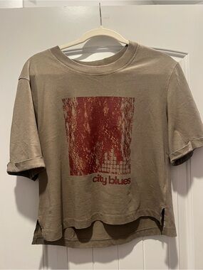 City Blues Graphic Tee in Taupe with Rust Red Print